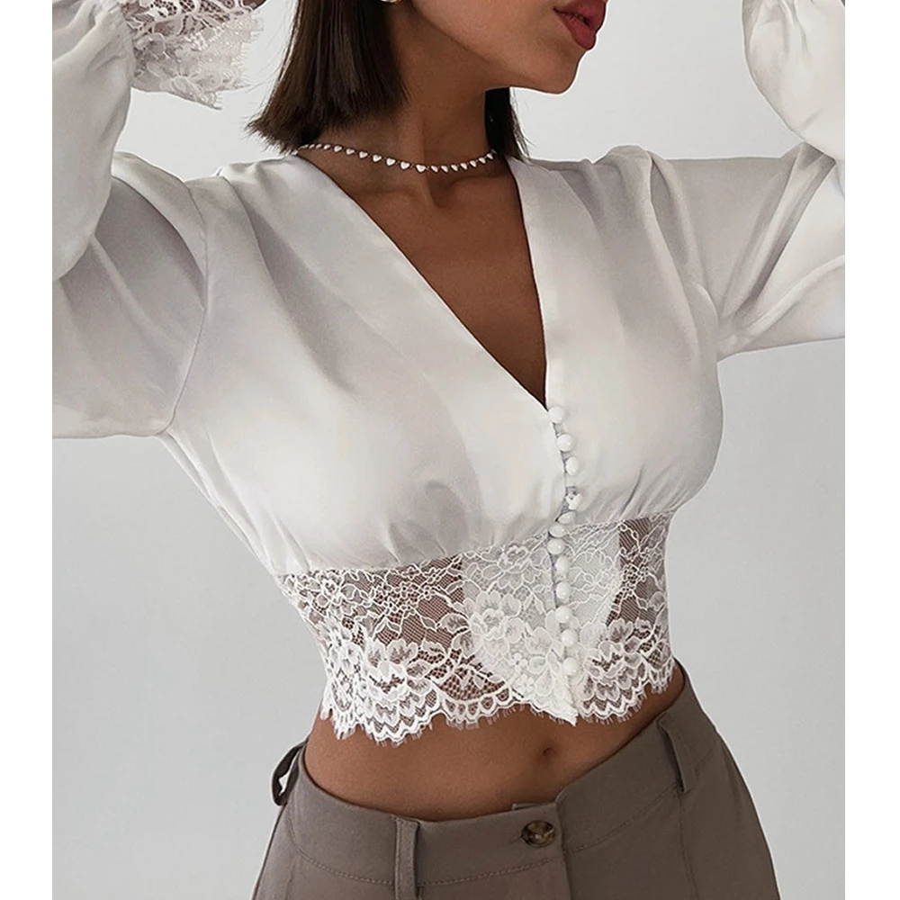 

Женский кружевной топ с V-образным вырезом и длинным рукавом