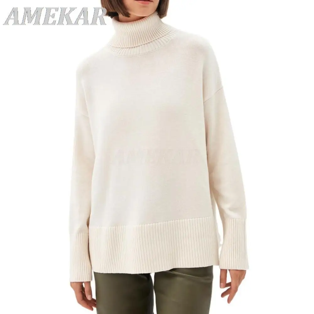 

Women Sweater Soft Autumn Spring Basic High-Collar Pullover Femme Solid Loose Jumper Knitted Clothes New Winter Simple Casual