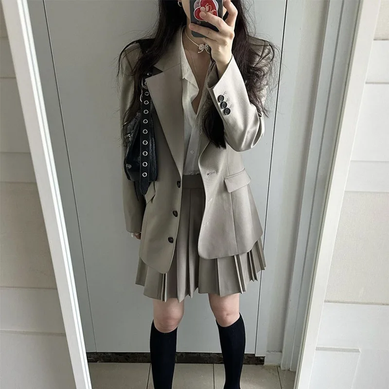 

2023 Ранняя осень женский однотонный Блейзер/плиссированная юбка