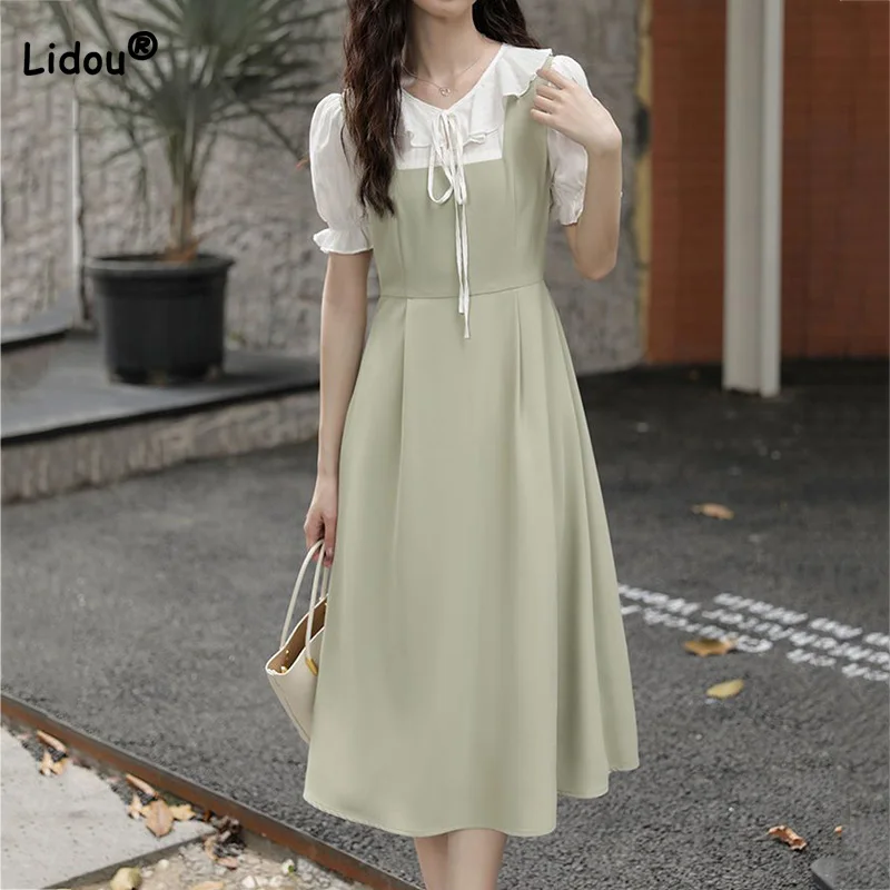 

Temperament Women's Clothing Patchwork Ruffles Lacing Short Sleeve A-line Summer Sweet V-Neck Waist Retraction Green Dresses