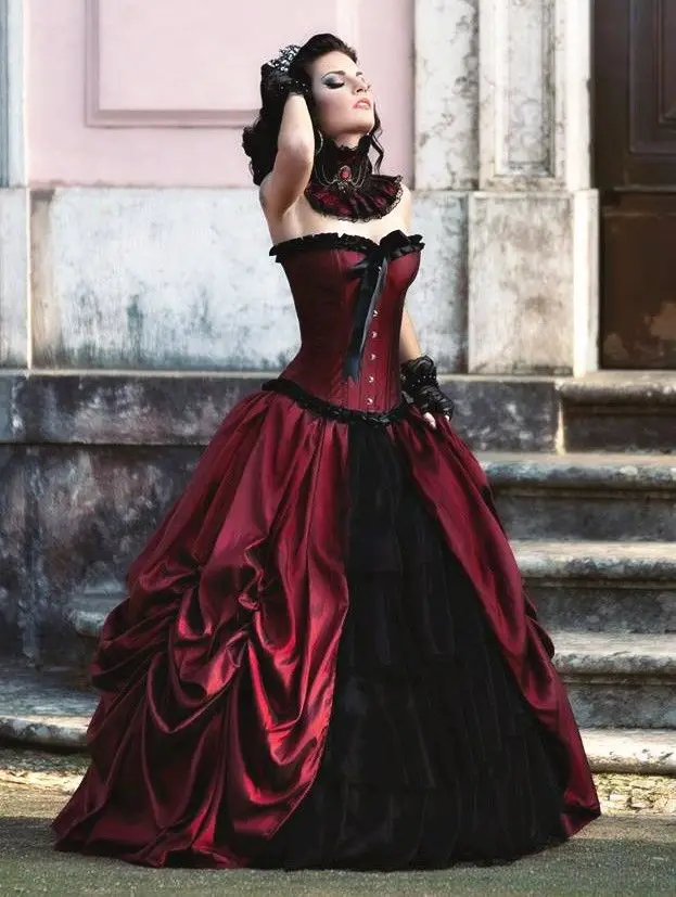 

Свадебное платье в викторианском стиле, Красное и черное готическое платье, топ с кружевной аппликацией, готический костюм для косплея, красивые платья невесты