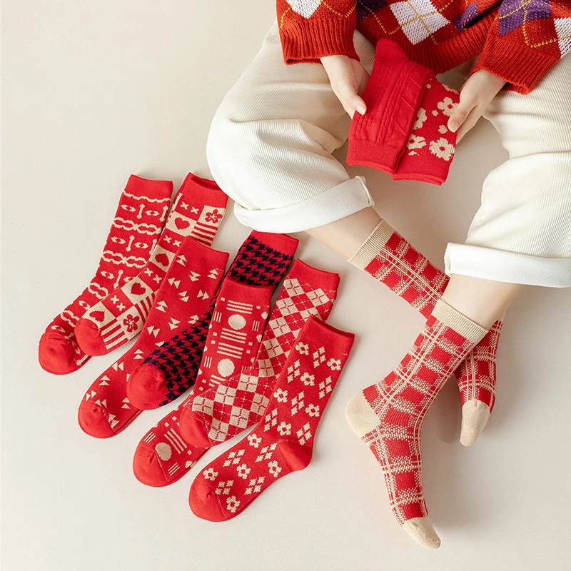 

Осенне-зимние ярко-красные носки в китайском стиле, 3 пары