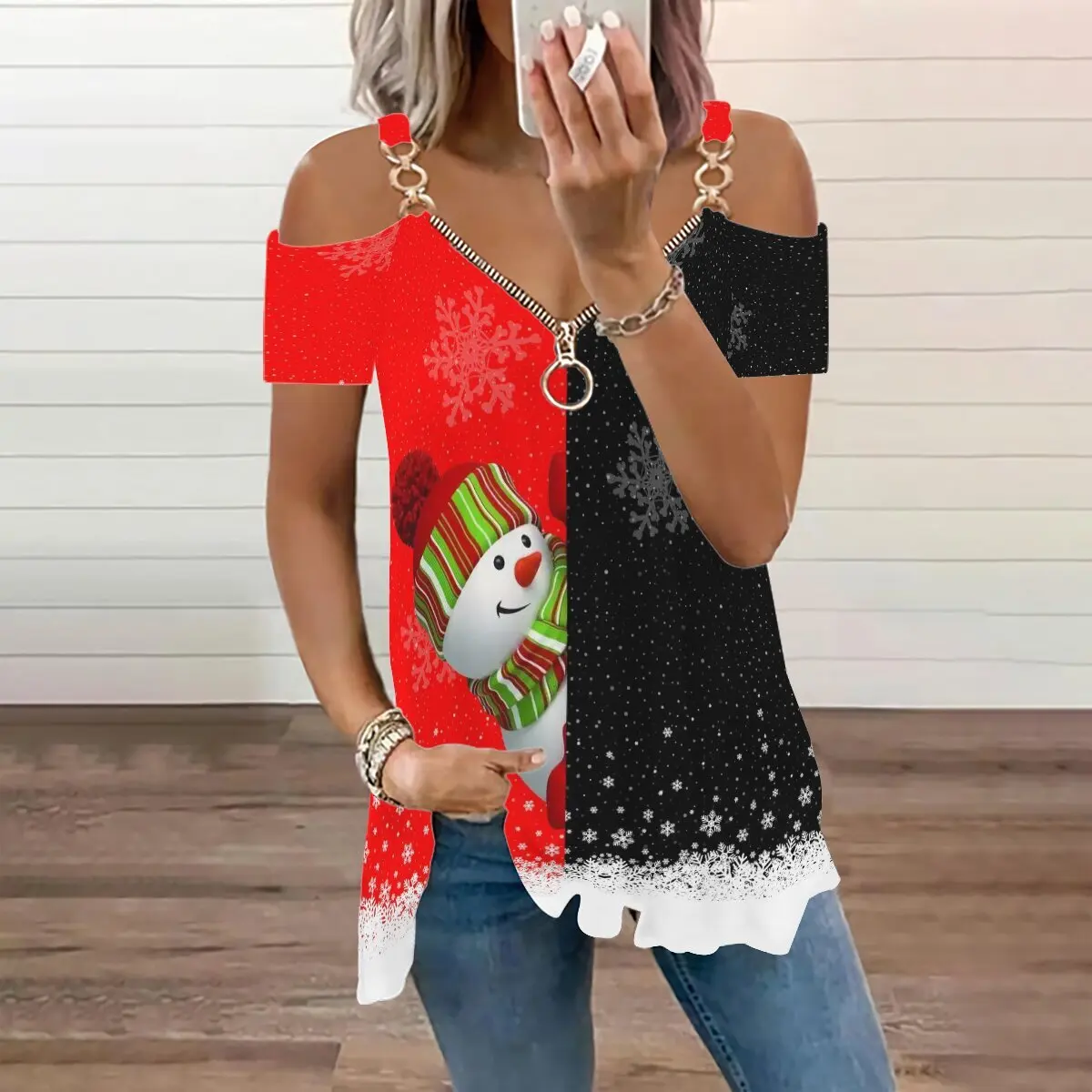 

Snake Yx Women's Fall New Christmas Print Fashion Casual V Neck Sling Strap Off Shoulder Short Sleeve Top Plus Size XXS-10XL