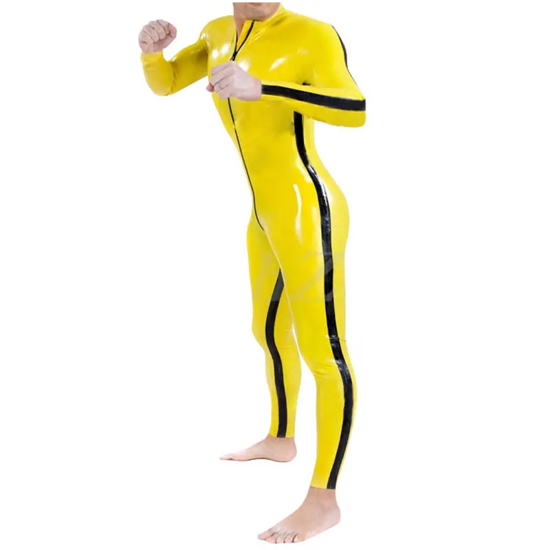 Желтое и черное мужское латексное боди резиновый костюм-кошка с боковыми