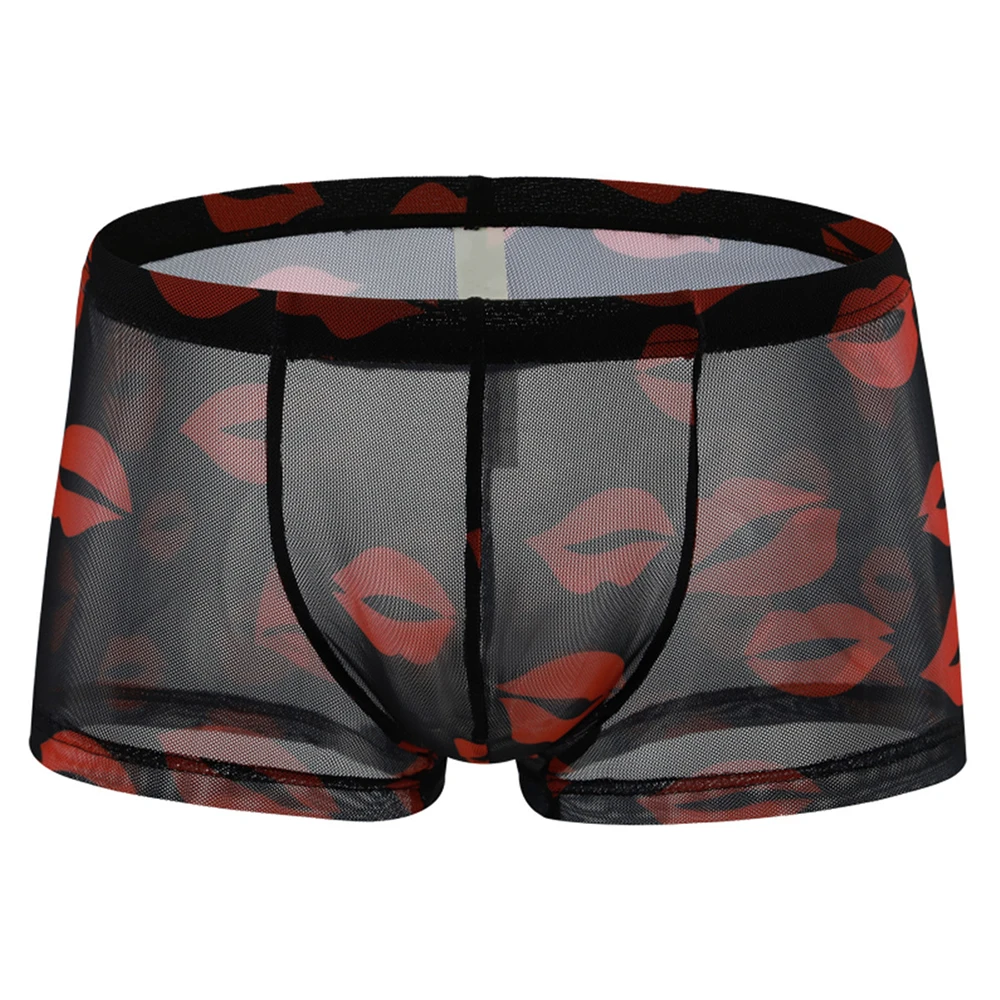 

Boxers For Men Sexy Lip Print Stretch Shorts Mesh Arrow Panties Briefs Translucent Thin Quick-Drying Low-Rise Underpants 2022