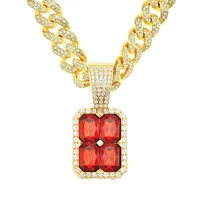iced out cuban chains bling cz diamond ruby rubine rhinestone red stone pendants mens necklaces miami gold chain jewelry for men