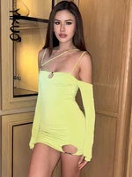 yikuo fashion women solid slips long sleeves backless hollow out mini prom dress sexy slim 2022 summer elegant outfit party y2k