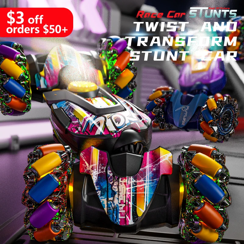 2.4G RC Car for Kids Stunt Tire Trangfdrm Twist Race 360 Rotaion Fosi Music Light Effect Children's Toy Gifts