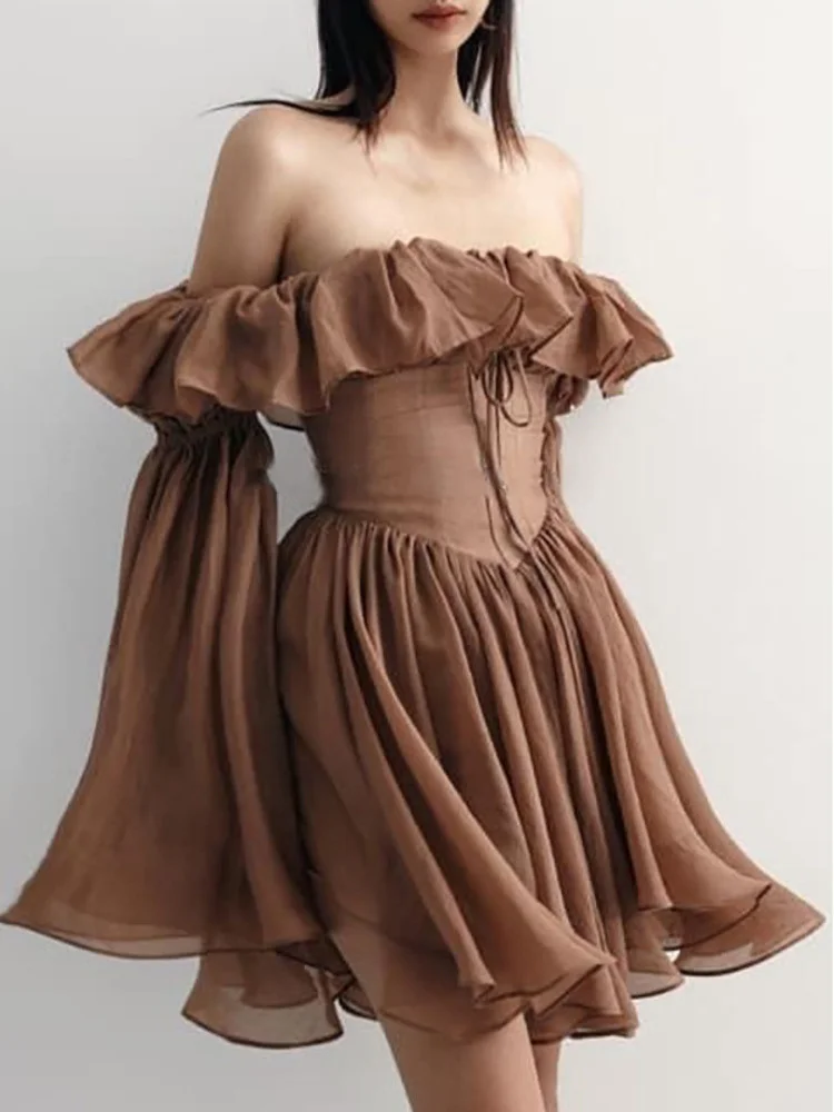 

Spring Sweet 2022 Summer New Sexy Slash Neck Bandage Ruffle Mini Dress High Waist Princess Dresses Irregular Korean JKY4