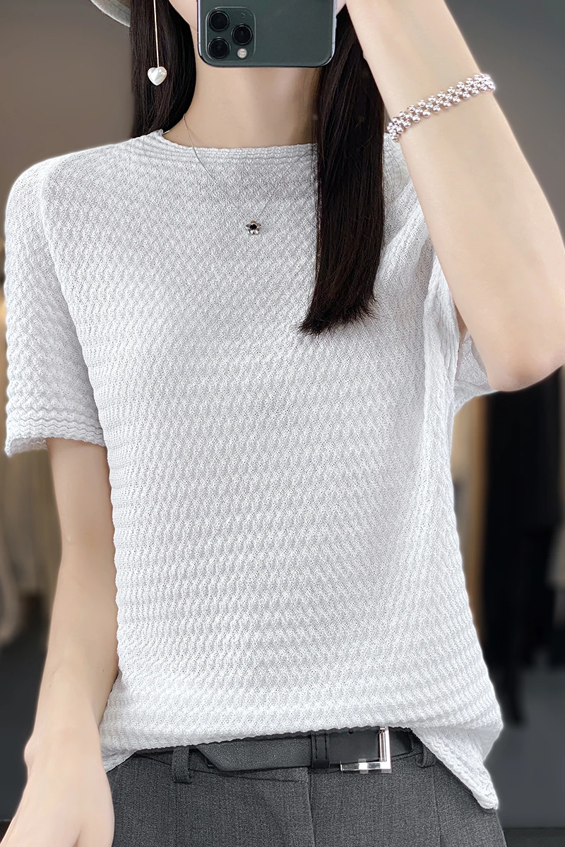 

Summer New Ultrafine Fine Spinning Thin Tencel Wool Solid Short Sleeve T-shirt Women's Round Neck Knitted Bottom Versatile Top