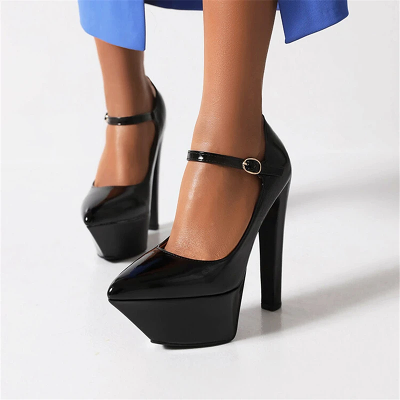 

Patent Leather Solid Color Pointed Toe Ankle Strap Pumps Office Lady Style Super High Thin Heels Chunky Platform Women Pumps