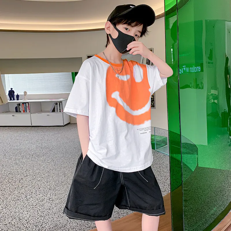 Boys Summer Funny Pattern 2022 New Fashion Teenage Clothes Children Korean Casual Loose Short-Sleeved T Shirt+Shorts 2pcs Outfit