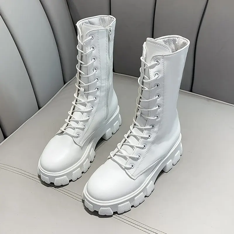 

2022 New White Platform Ankle Boots Women Pu Leather Thick Sole Motorcycle Boots Woman Zipper Non-Slip Chunky Shoes Plus Size 43