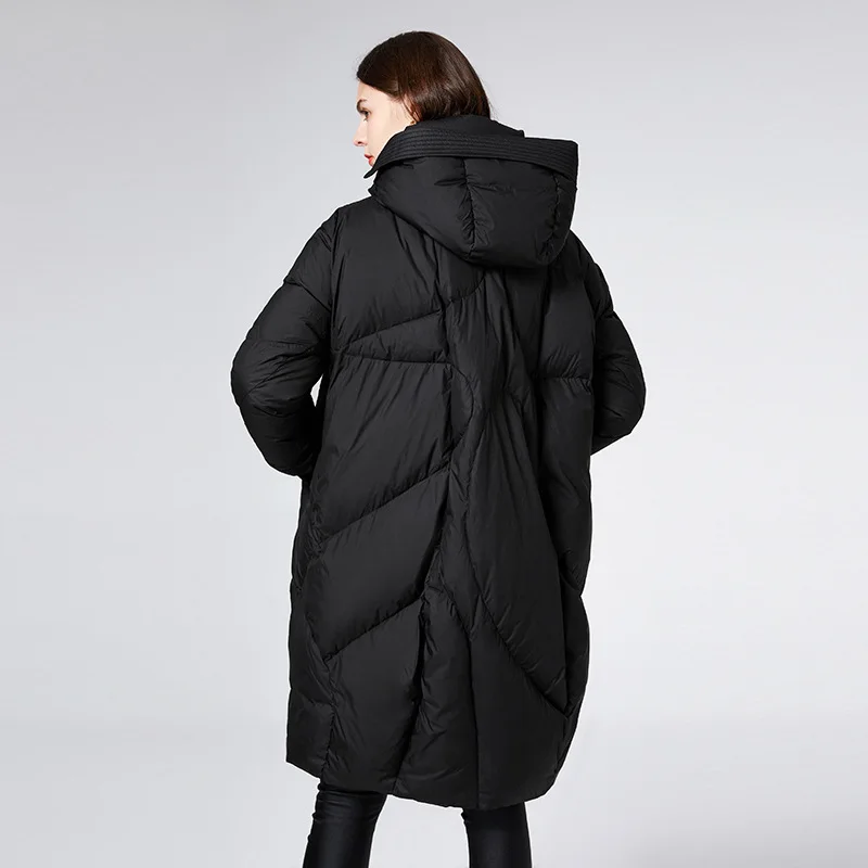 Women Winter Medium Length Over The Knee   White Eiderdown Lloose Western Style Thick Hooded Slimming Down Coats