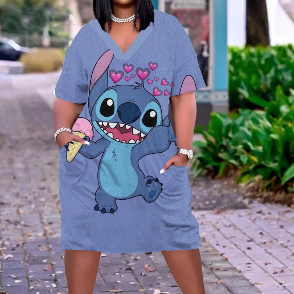 Disney Stitch Anime Dress Women Fashion Loose Nightdres Beach Dress Mid Length Pocket Gothic Short Sleeve Dress Elegant Sundress