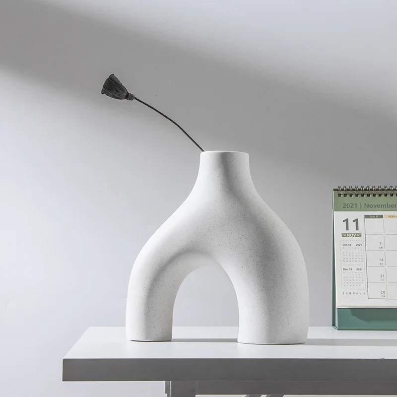 

White Ceramic Vase Modern Home Decor, Round Matte Donut Vases for Pampas Grass, Neutral Boho Nordic Minimalism Style Flower Vase