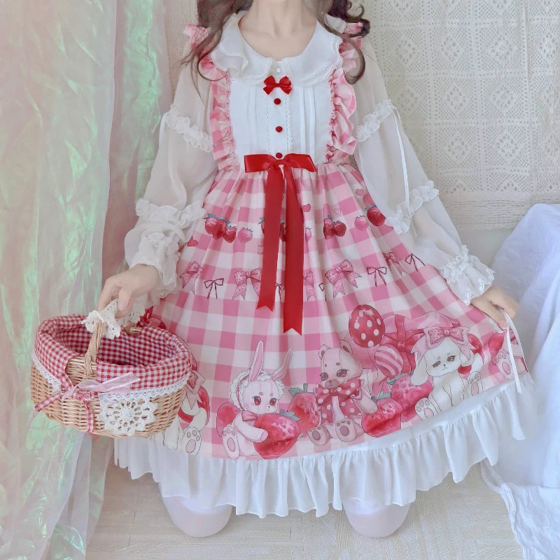 Купи Anbenser Women's Lolita JSK Dress "Strawberry Bear"Sweet Suspender Dress Sleeveless Ruffles Trim One Piece Dress Original Design за 1,944 рублей в магазине AliExpress