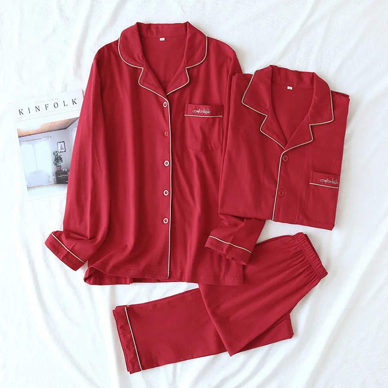 

Sleepwear Womens Pijama 2 Piece 100% Cotton Men Couple Knit Pajamas Set Long-Sleeved Trousers Red Home Service Suit Autumn