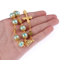 trend gold lace blue rosary cross bracelet religious jesus catholic bracelet banquet jewelry accessories