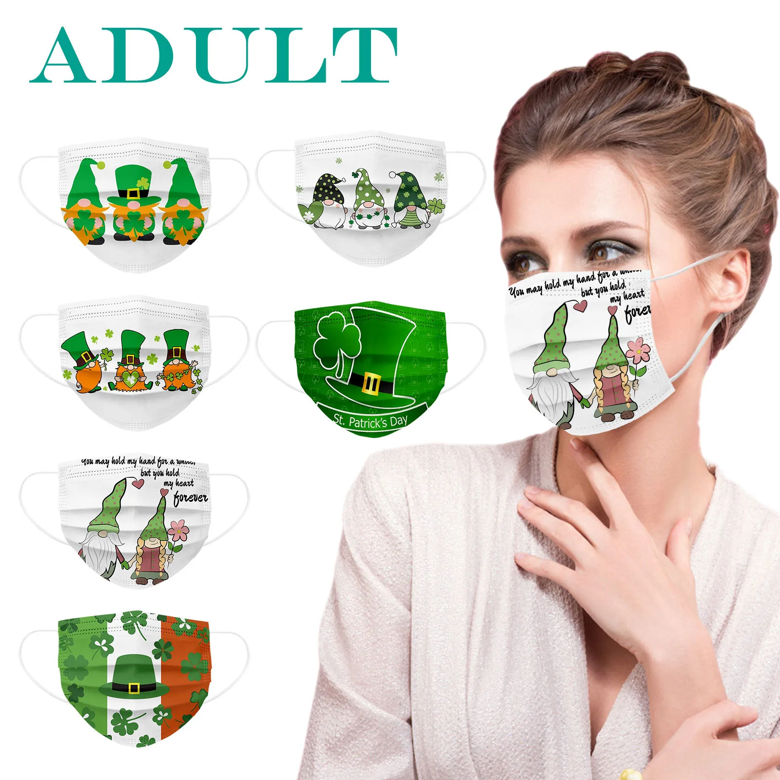 

10PC Disposable St. Patrick's Adult Face Mask Non Woven 3Ply Ear Loop Adults Mask Ultrathin Cartoon Dwarfs Print Unisex Mascaril