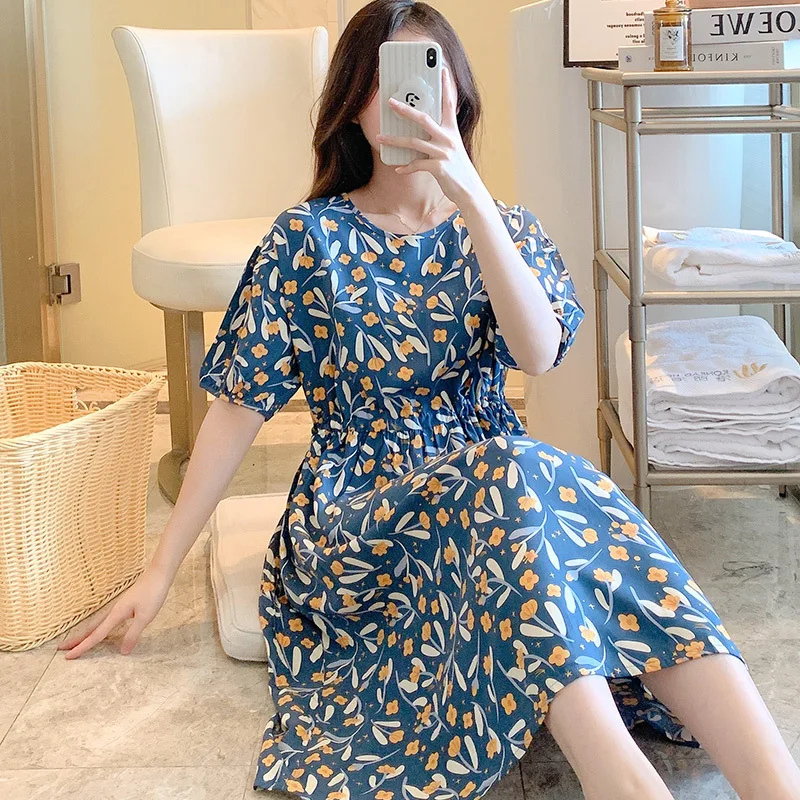 2023Summer Short Sleeved Pajamas Women's Thin Cotton Silk Pajamas Home Wear Waist drawstring Fresh Oversized Cotton Silk Dresse