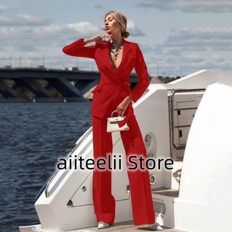 Women's Suit Two-piece Suit Fashion Pure White Handsome Lapel Collar (Jacket + Trousers) With Belt Deep V Suitable for Business