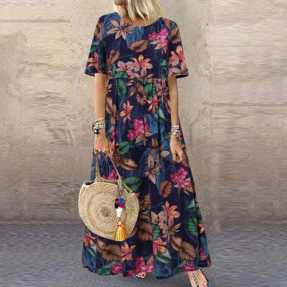 

O-Neck Short Sleeve Large Hem Women Dress Retro Flower Leaves Print Holiday Maxi Dress Classic A-Line Ankle-Length Beach Dress