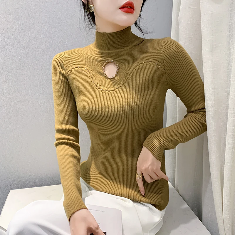 # 4331 вязаный свитер с высоким воротником женский короткий эластичный разрезом