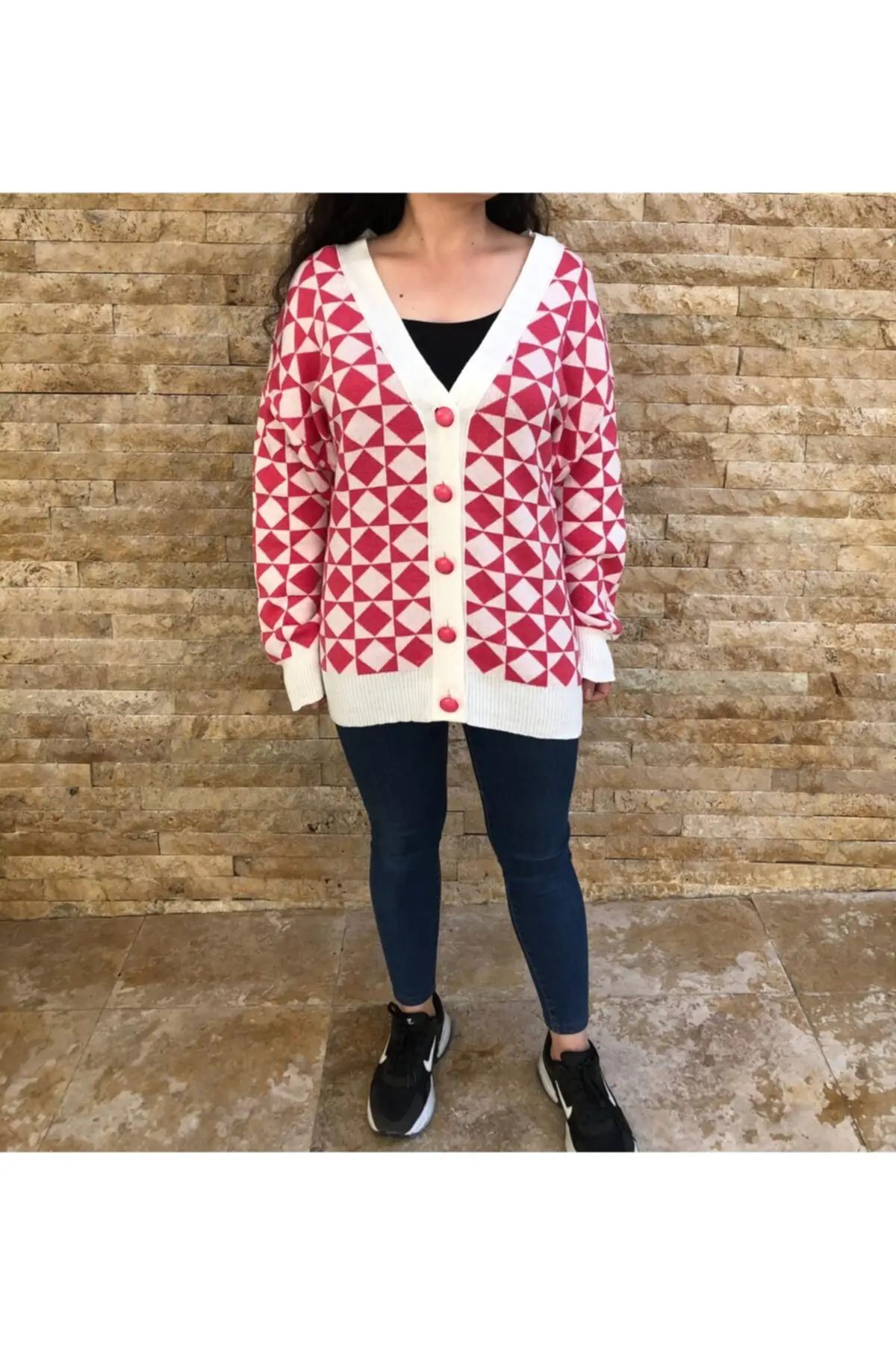 

Women's Cardigan Diamond pattern Casual Knitted Quality Fashion Cardigan Sweaters Loose Sweater Jumper