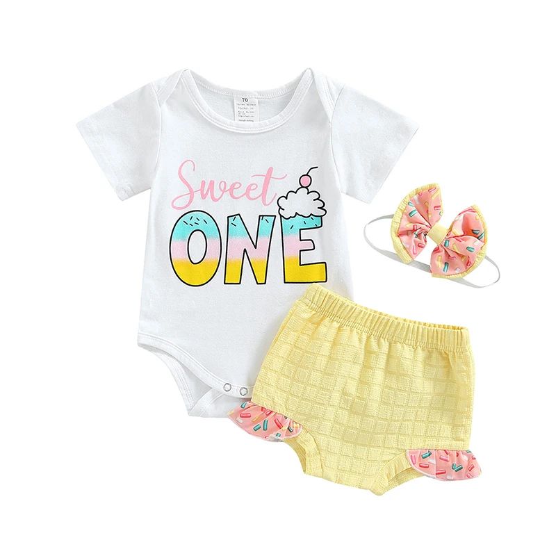 

Infant Girls Three-piece Layette, White Letters Print Short Sleeve Romper, Ruffled Shorts and Headband
