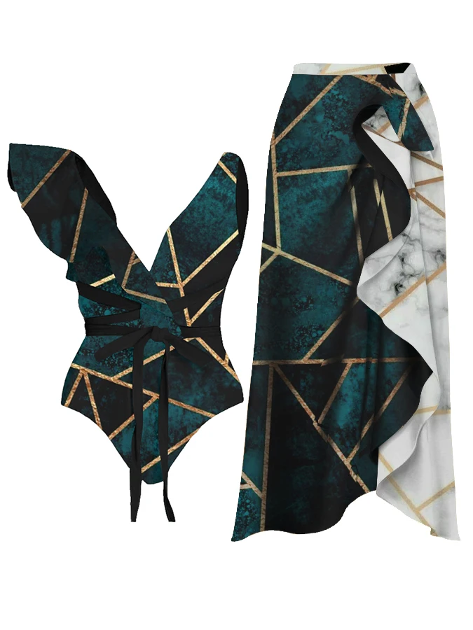 

2023 Fashion Geometric Print Ruffle One-Piece Swimsuits Cover Up Set Women Lace Up Swimwear Luxury Bikini Bathing Suit Beachwear