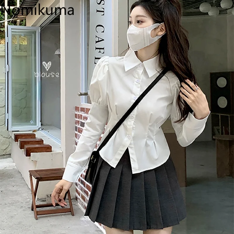 

Nomikuma Blusas Para Mujer Spring Autumn Puff Sleeve Slim Waist Tunic Y2k Shirts for Women Elegant Fashion Preppy Chemise Femme