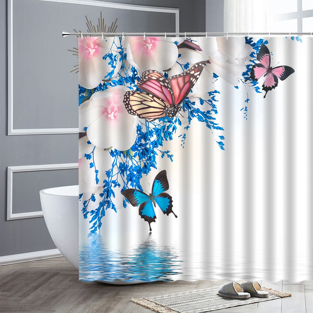 

Занавеска для душа с бабочками, водонепроницаемые шторы из полиэстера с мультяшными животными, цветами, для ванной комнаты, экран для ванно...