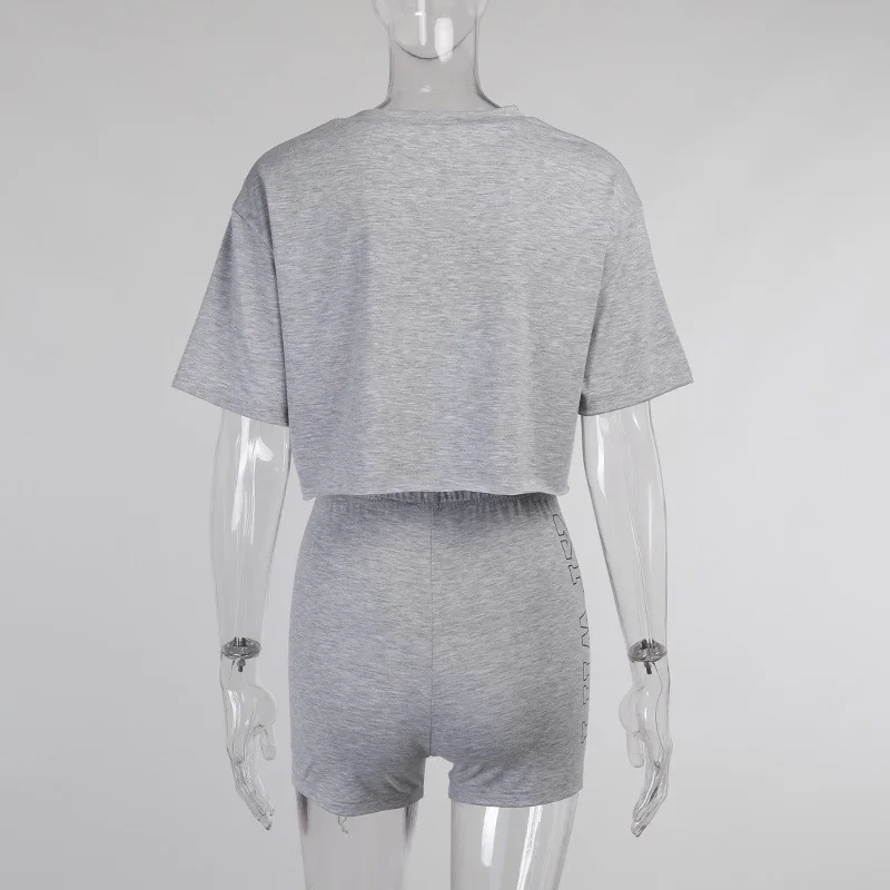 Y2k Cotton Loungewear Short Suits Tracksuit Sweat Suits Letter Crop Top and Biker Shorts Matching Sets Women Gray 2 Piece Set