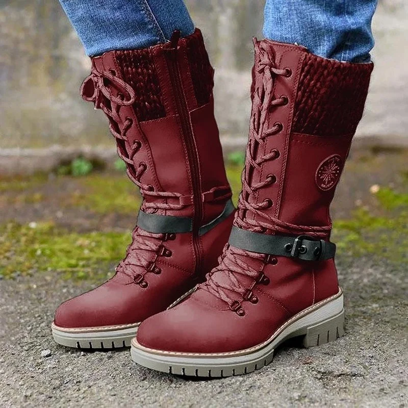 

2022 Women Winter Buckle Lace Knitted Mid-calf Boots Low Heel Round Toe Boots Top Quality Winter Warm Boots Women Botas De Mujer