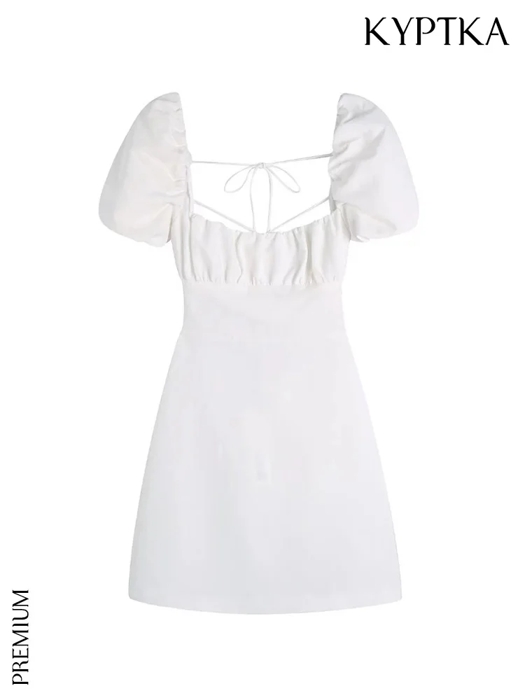 

KYPTKA Women Fashion Backless With Ties Linen Mini Dress Vintage Square Collar Puff Sleeve Female Dresses Vestidos Mujer