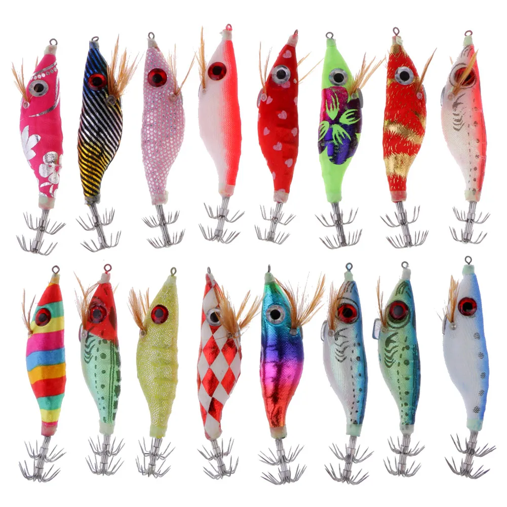 

10pcs Sea Fishing Hard Lures 10cm 9g Wood Shrimp Luminous 3D Big Eye Glow Squid Jigs Needle Octopus Hooks Squid ShrimpBaits