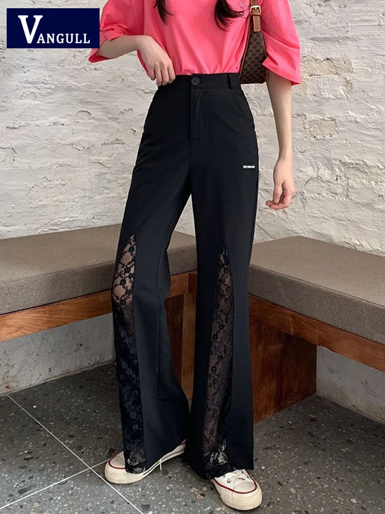 

Vangull Fashion Black Lace Patchwork Pants Women Hight Waist Long Wide-Leg Pants Female Loose Oversize Office Lady Suit Pants