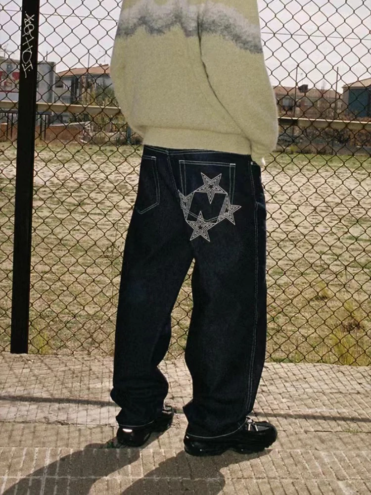 Y2k 99Based Jeans Men's Hip Hop Print Oversized Dark Blue Jeans 2023 New Fashion Casual Loose Straight Wide Leg Trouser