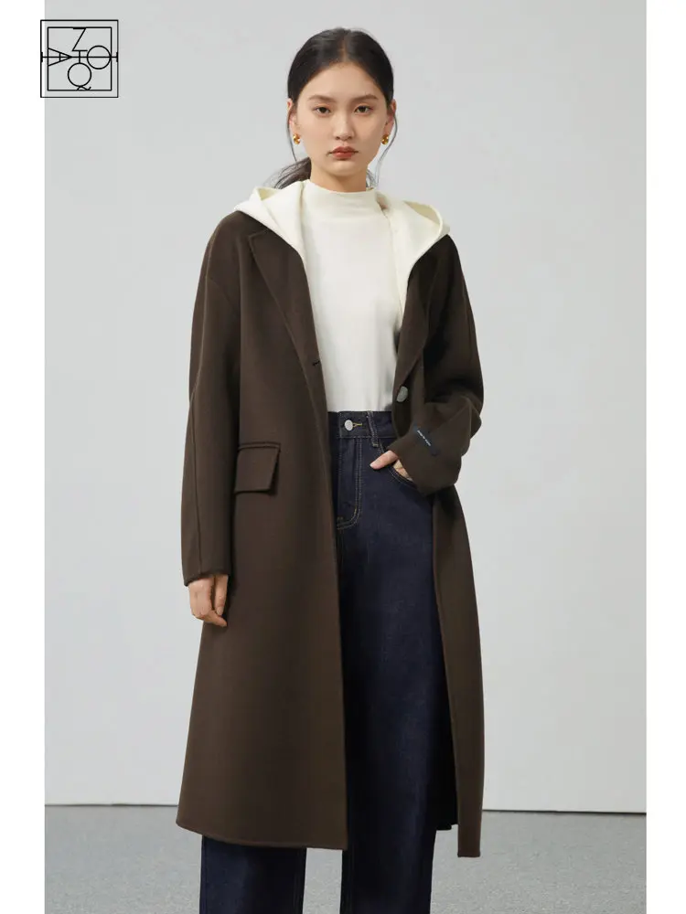 

Корейская версия ZIQIAO, двухстороннее шерстяное пальто для женщин, зима 2022, новый стиль, офисные женские длинные пальто со съемным капюшоном из 100% шерсти