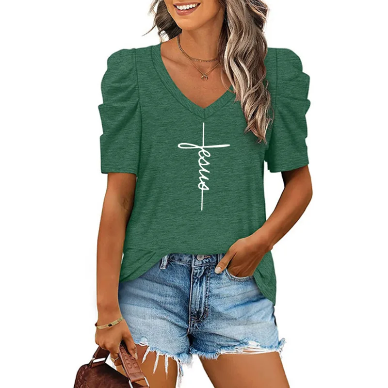 

2022 Summer T Shirt Faith Printing Women Casual Womens Tee Shirts V-neck Tshirt Short Sleeve T-shirt Ladies Women Clothings