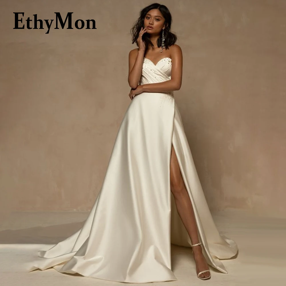 

Ethymon Sweep Train Wedding Dress For Women 2023 Bride Slit A-LINE Sweetheart Pearls Sleeveless Vestido De Casamento Customised