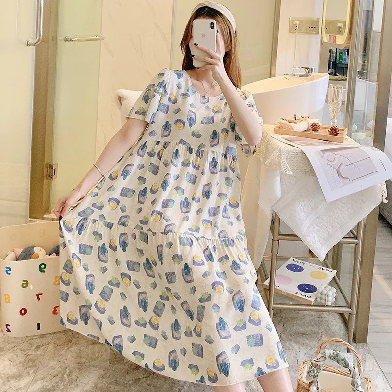 New Women's Nightgown Floral Print Short Sleeve Nightdress Comfy Sleep Nightshirt Pajama Dress Soft Sleepdress Loose Sleepwear