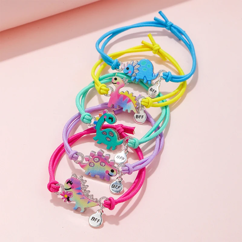 

5Pack Cute Cartoon Dinosaur Charm BFF Bracelets Elastic Rope Bracelet for Girl Hairband Use Party Birthday Gift
