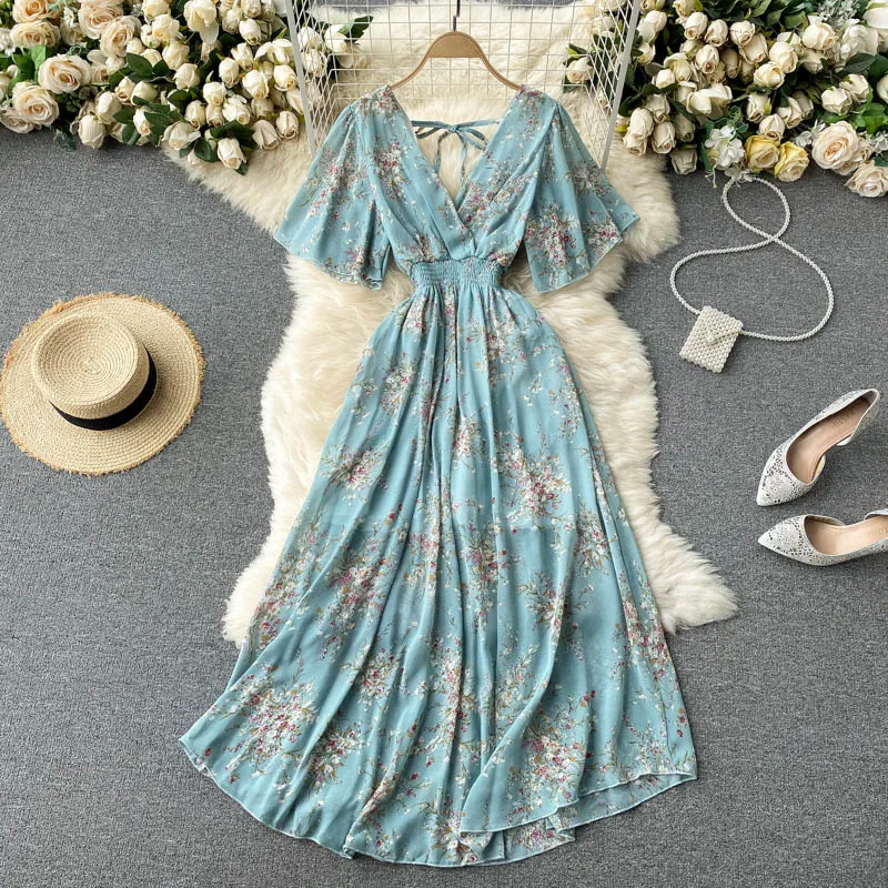 

Women Chiffon Floral Long Dress Korean V Neck Short Sleeve Ruched A-line Dresses Summer Bohemian Print Beach Dress
