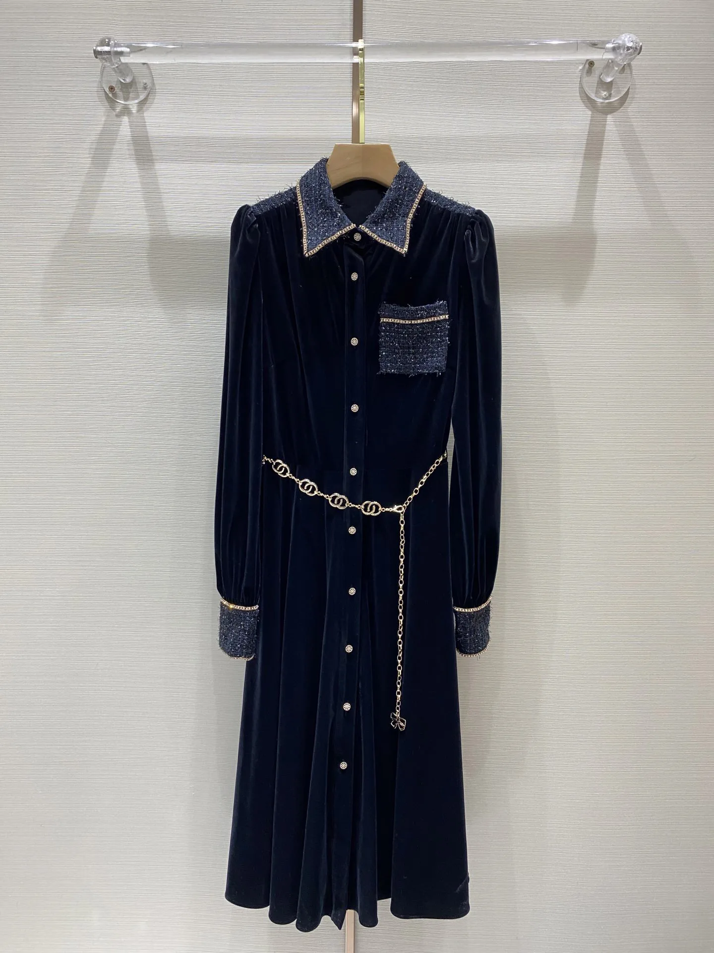 

2021 new women fashion long-sleeved lapel stitching tweed dress 0926