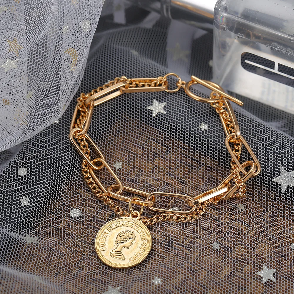 

Portrait Coin Pendant Bracelet Double Layered Bangle Vintage Minimalist Chain Bracelet For Women Girls Jewelry Gift