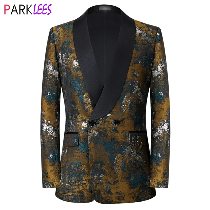 

Mens Vintage Splash Ink Jacquard Tuxedo Blazer Jacket 2023 Luxury Brand Slim Fit One Button Suit Jacket for Wedding Party Dinner