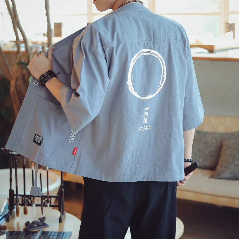 

Summer Chinese Style Cotton Linen Kimono Jacket For Men Thin Sunscreen Clothes Kimono Coat Half Sleeve Outerwear