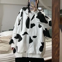 deeptown cow print zip up hoodie women kawaii zipper sweatshirt korean style 2022 autumn winter cute tops harajuku tracksuit